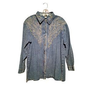 80s Acid Wash Denim Vintage Button-Up Shirt Bedazzled Embroidery Beaded L/XL/XXL